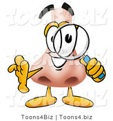 Illustration of a Cartoon Human Nose Mascot Looking Through a Magnifying Glass by Toons4Biz