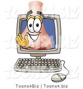 Illustration of a Cartoon Human Nose Mascot Waving from Inside a Computer Screen by Toons4Biz