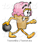 Illustration of a Cartoon Ice Cream Cone Mascot Holding a Bowling Ball by Mascot Junction