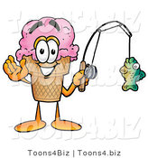 Illustration of a Cartoon Ice Cream Cone Mascot Holding a Fish on a Fishing Pole by Mascot Junction