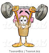 Illustration of a Cartoon Ice Cream Cone Mascot Holding a Heavy Barbell Above His Head by Mascot Junction