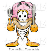 Illustration of a Cartoon Ice Cream Cone Mascot Holding a Knife and Fork by Mascot Junction