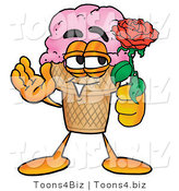 Illustration of a Cartoon Ice Cream Cone Mascot Holding a Red Rose on Valentines Day by Mascot Junction