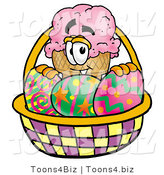 Illustration of a Cartoon Ice Cream Cone Mascot in an Easter Basket Full of Decorated Easter Eggs by Mascot Junction