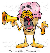 Illustration of a Cartoon Ice Cream Cone Mascot Screaming into a Megaphone by Mascot Junction