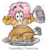 Illustration of a Cartoon Ice Cream Cone Mascot Serving a Thanksgiving Turkey on a Platter by Mascot Junction