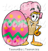 Illustration of a Cartoon Ice Cream Cone Mascot Standing Beside an Easter Egg by Mascot Junction