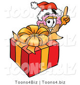 Illustration of a Cartoon Ice Cream Cone Mascot Standing by a Christmas Present by Mascot Junction