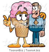 Illustration of a Cartoon Ice Cream Cone Mascot Talking to a Business Man by Mascot Junction