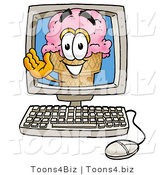 Illustration of a Cartoon Ice Cream Cone Mascot Waving from Inside a Computer Screen by Mascot Junction