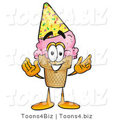 Illustration of a Cartoon Ice Cream Cone Mascot Wearing a Birthday Party Hat by Mascot Junction