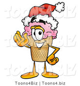 Illustration of a Cartoon Ice Cream Cone Mascot Wearing a Santa Hat and Waving by Mascot Junction