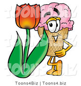 Illustration of a Cartoon Ice Cream Cone Mascot with a Red Tulip Flower in the Spring by Mascot Junction