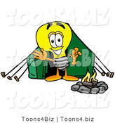 Illustration of a Cartoon Light Bulb Mascot Camping with a Tent and Fire by Toons4Biz