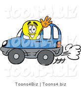 Illustration of a Cartoon Light Bulb Mascot Driving a Blue Car and Waving by Mascot Junction