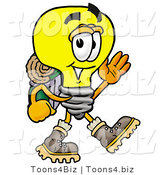 Illustration of a Cartoon Light Bulb Mascot Hiking and Carrying a Backpack by Mascot Junction
