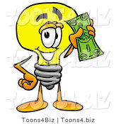 Illustration of a Cartoon Light Bulb Mascot Holding a Dollar Bill by Mascot Junction