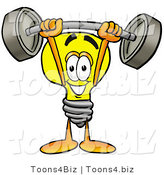 Illustration of a Cartoon Light Bulb Mascot Holding a Heavy Barbell Above His Head by Toons4Biz