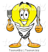 Illustration of a Cartoon Light Bulb Mascot Holding a Knife and Fork by Mascot Junction