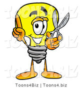 Illustration of a Cartoon Light Bulb Mascot Holding a Pair of Scissors by Mascot Junction