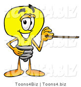 Illustration of a Cartoon Light Bulb Mascot Holding a Pointer Stick by Toons4Biz