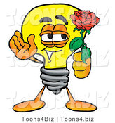 Illustration of a Cartoon Light Bulb Mascot Holding a Red Rose on Valentines Day by Mascot Junction