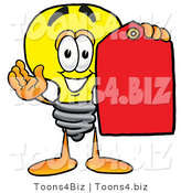 Illustration of a Cartoon Light Bulb Mascot Holding a Red Sales Price Tag by Mascot Junction