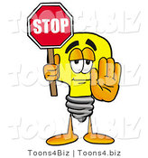 Illustration of a Cartoon Light Bulb Mascot Holding a Stop Sign by Mascot Junction