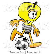 Illustration of a Cartoon Light Bulb Mascot Kicking a Soccer Ball by Toons4Biz