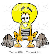 Illustration of a Cartoon Light Bulb Mascot Lifting a Heavy Barbell by Mascot Junction