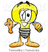 Illustration of a Cartoon Light Bulb Mascot Looking Through a Magnifying Glass by Mascot Junction