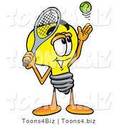 Illustration of a Cartoon Light Bulb Mascot Preparing to Hit a Tennis Ball by Toons4Biz