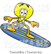 Illustration of a Cartoon Light Bulb Mascot Surfing on a Blue and Yellow Surfboard by Mascot Junction