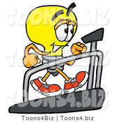Illustration of a Cartoon Light Bulb Mascot Walking on a Treadmill in a Fitness Gym by Mascot Junction