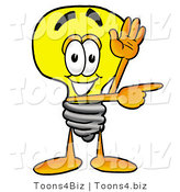 Illustration of a Cartoon Light Bulb Mascot Waving and Pointing by Mascot Junction