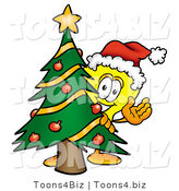 Illustration of a Cartoon Light Bulb Mascot Waving and Standing by a Decorated Christmas Tree by Mascot Junction