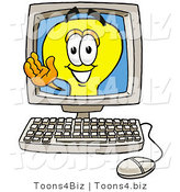 Illustration of a Cartoon Light Bulb Mascot Waving from Inside a Computer Screen by Mascot Junction