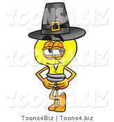 Illustration of a Cartoon Light Bulb Mascot Wearing a Pilgrim Hat on Thanksgiving by Toons4Biz