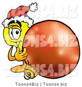 Illustration of a Cartoon Light Bulb Mascot Wearing a Santa Hat, Standing with a Christmas Bauble by Mascot Junction