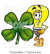 Illustration of a Cartoon Light Bulb Mascot with a Green Four Leaf Clover on St Paddy's or St Patricks Day by Toons4Biz