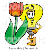 Illustration of a Cartoon Light Bulb Mascot with a Red Tulip Flower in the Spring by Toons4Biz