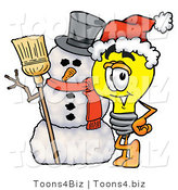Illustration of a Cartoon Light Bulb Mascot with a Snowman on Christmas by Mascot Junction