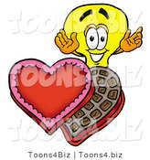 Illustration of a Cartoon Light Bulb Mascot with an Open Box of Valentines Day Chocolate Candies by Mascot Junction