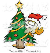 Illustration of a Cartoon Light Switch Mascot Waving and Standing by a Decorated Christmas Tree by Mascot Junction