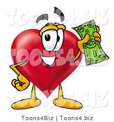 Illustration of a Cartoon Love Heart Mascot Holding a Dollar Bill by Mascot Junction