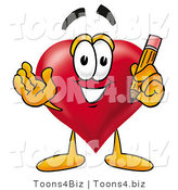 Illustration of a Cartoon Love Heart Mascot Holding a Pencil by Mascot Junction
