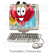 Illustration of a Cartoon Love Heart Mascot Waving from Inside a Computer Screen by Mascot Junction