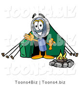 Illustration of a Cartoon Magnifying Glass Mascot Camping with a Tent and Fire by Mascot Junction