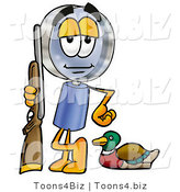 Illustration of a Cartoon Magnifying Glass Mascot Duck Hunting, Standing with a Rifle and Duck by Mascot Junction