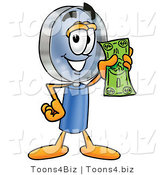 Illustration of a Cartoon Magnifying Glass Mascot Holding a Dollar Bill by Mascot Junction